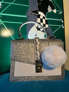 ALDO Silver Glitter Satchel with Cream Panel and Pom Pom Charm#(P-21)